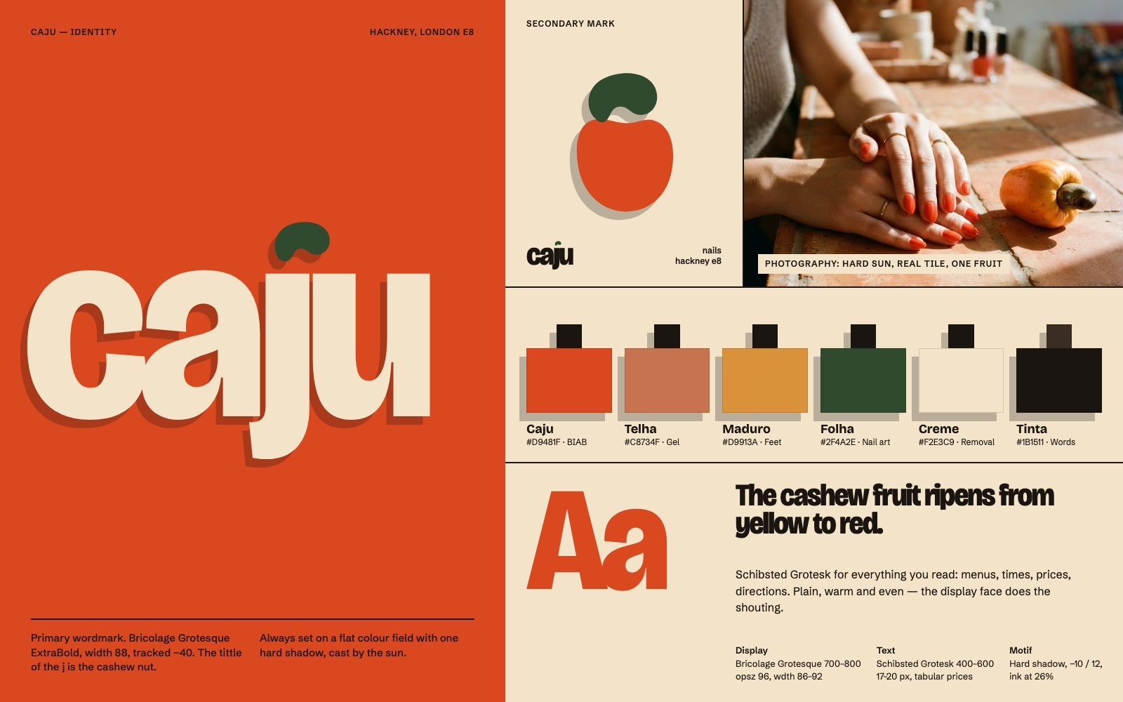 Caju brand sheet: wordmark, secondary mark, colours and type